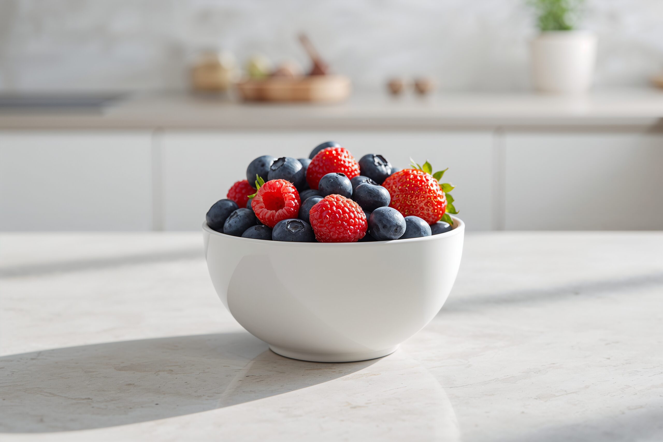 A bowl of mixed berries including blueberries and strawberries