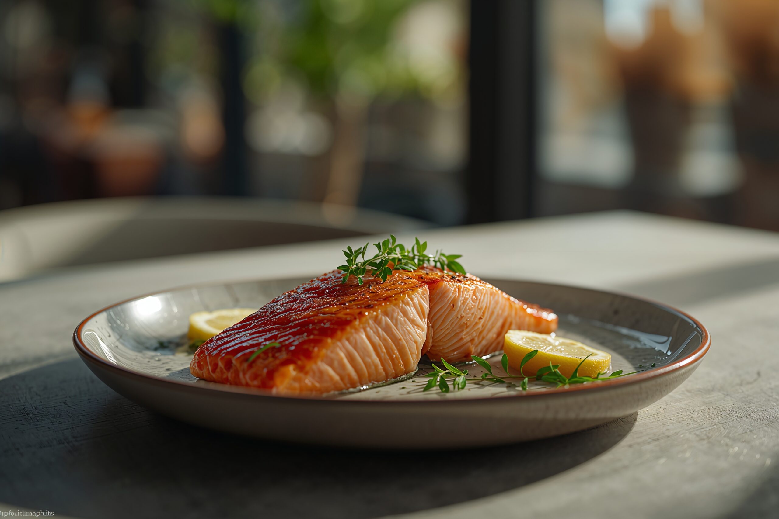 Cooked salmon fillet with herbs and lemon