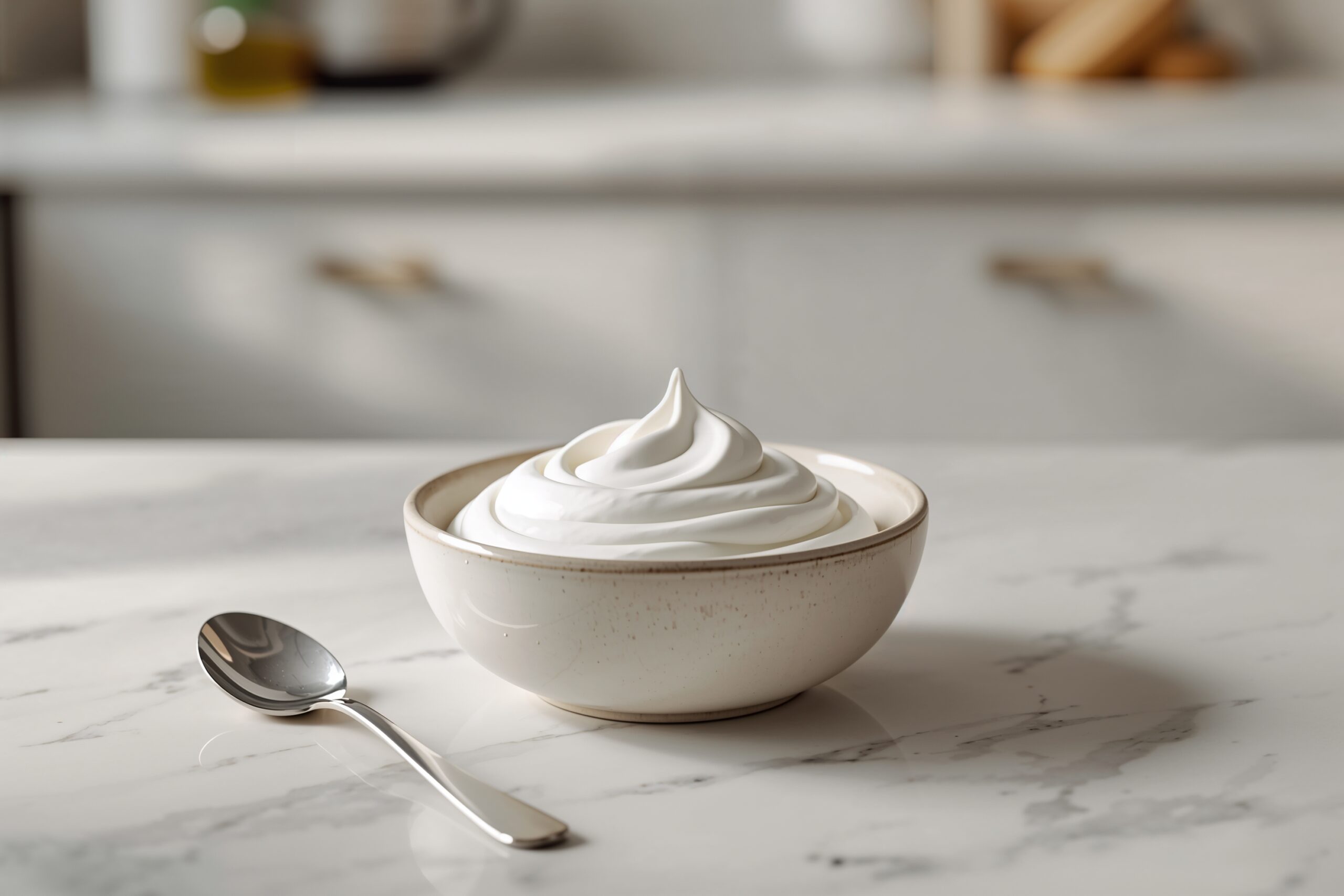 Plain Greek yogurt in a bowl with a spoon