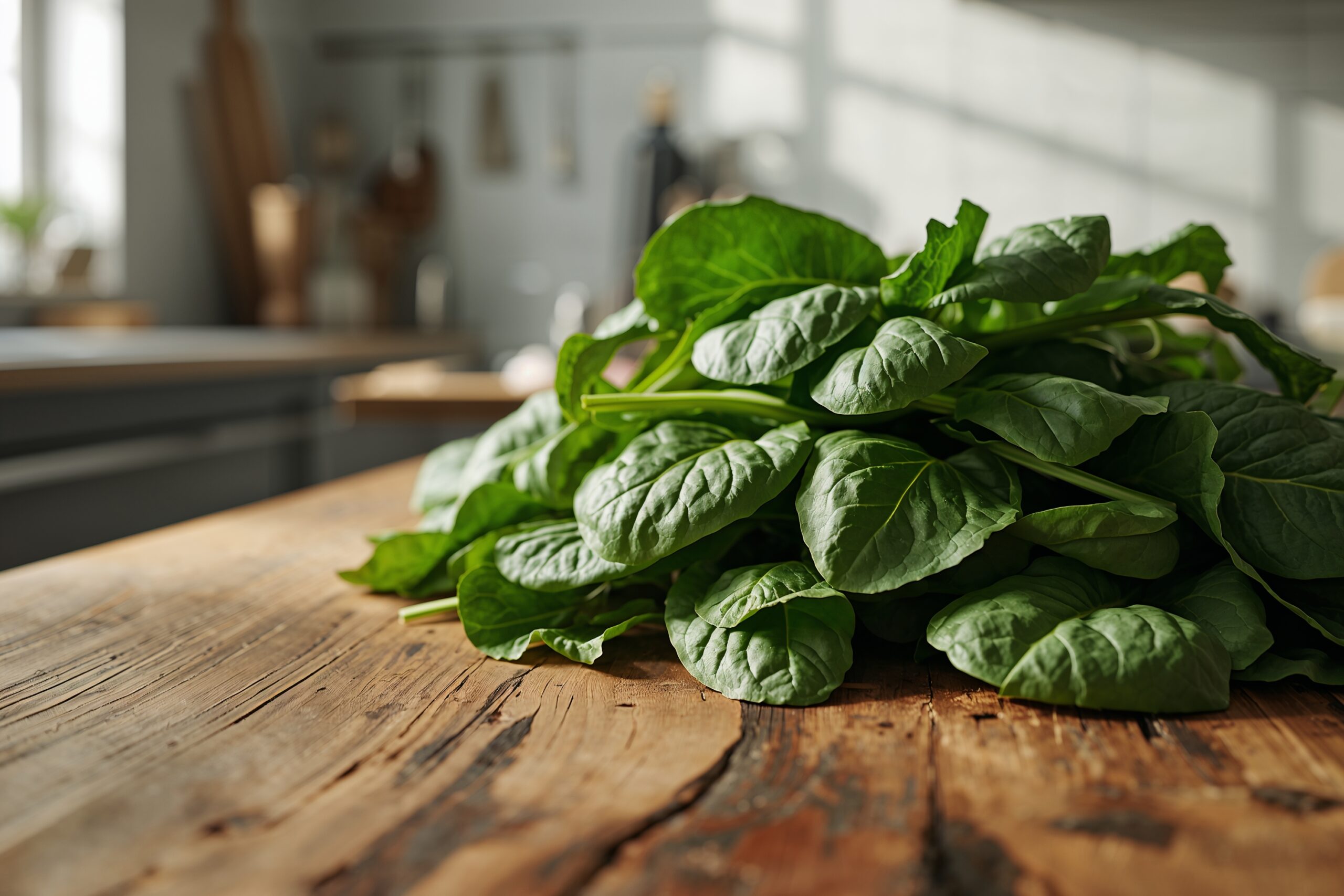 Fresh leafy greens like spinach and kale on a wooden surface