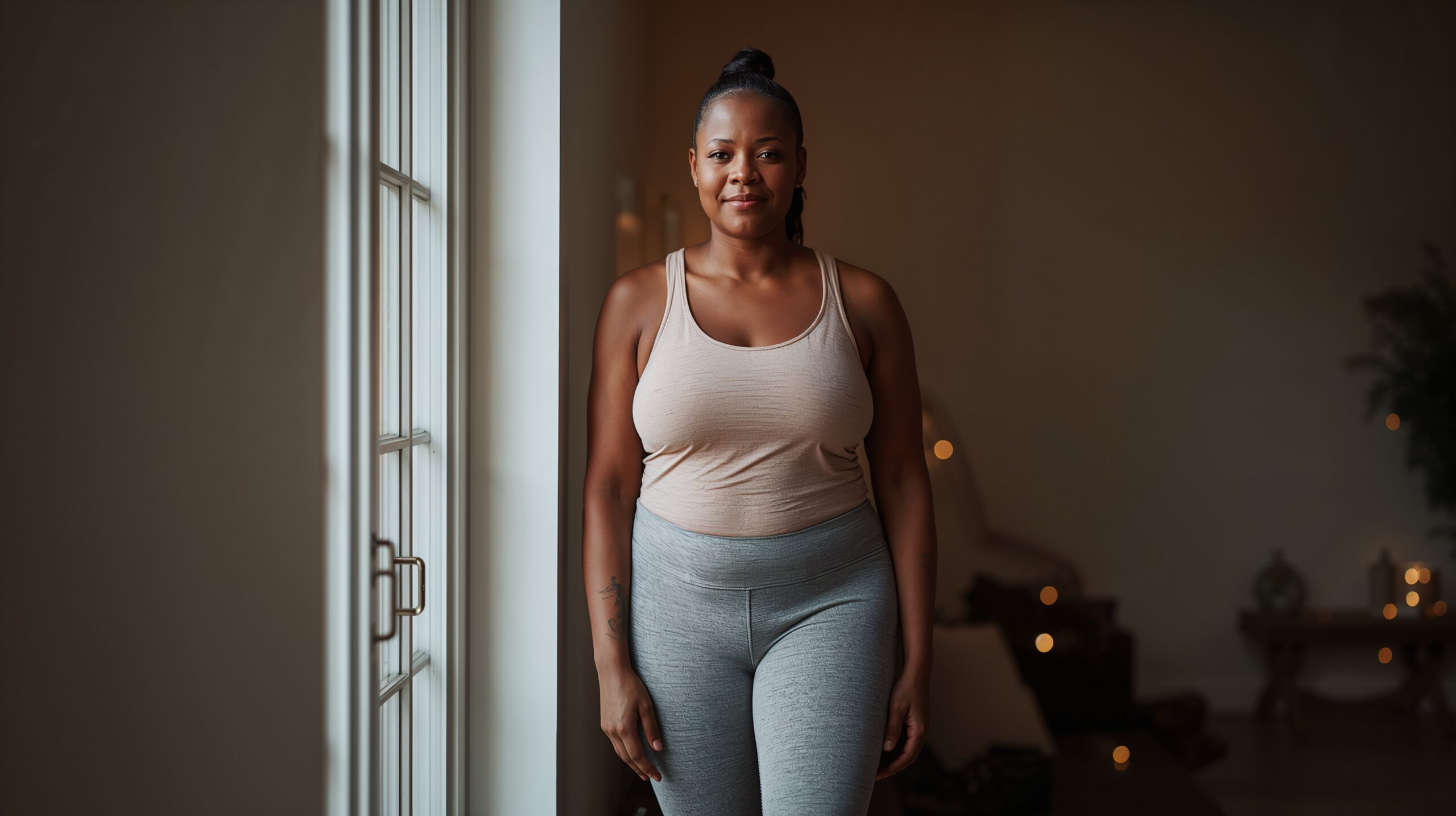 Woman standing calmly near a window at home during a stressful season