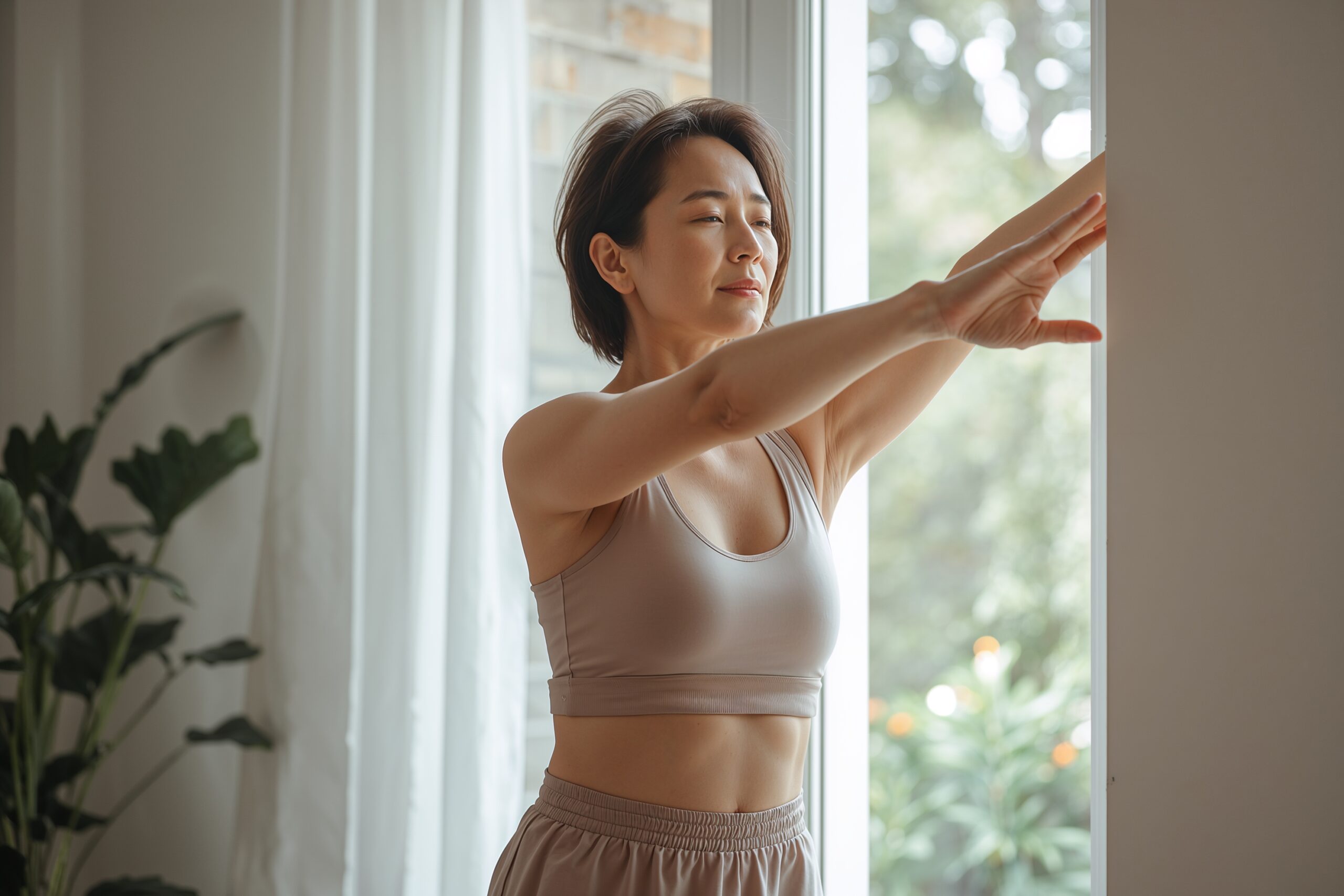 Woman stretching lightly in her living room with natural daylight