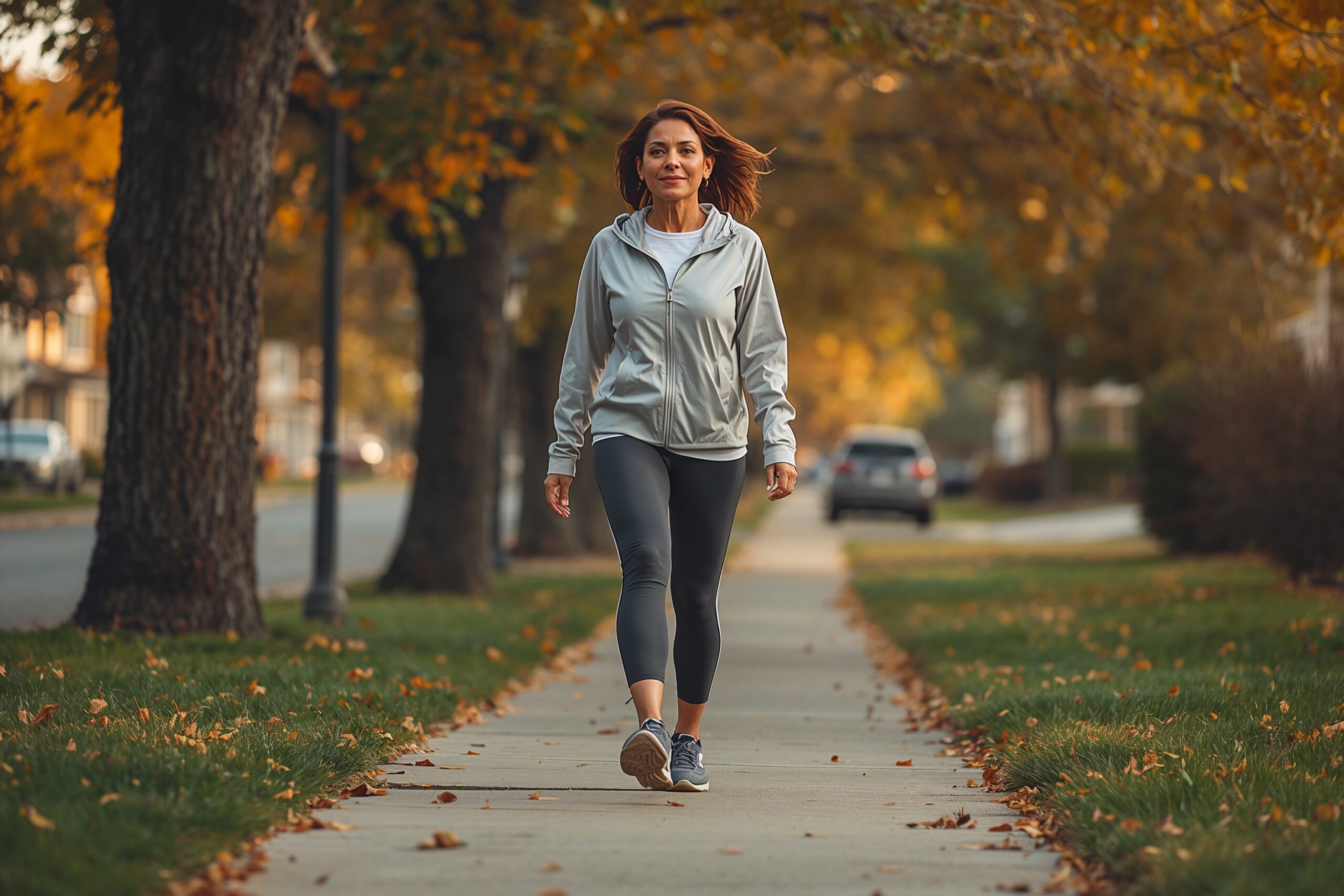 Woman walking alone outside during fall for gentle exercise
