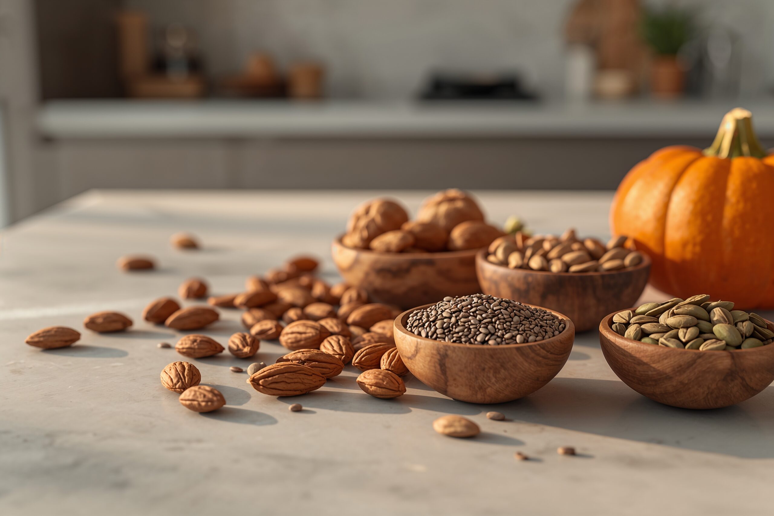 A variety of nuts and seeds in small bowls