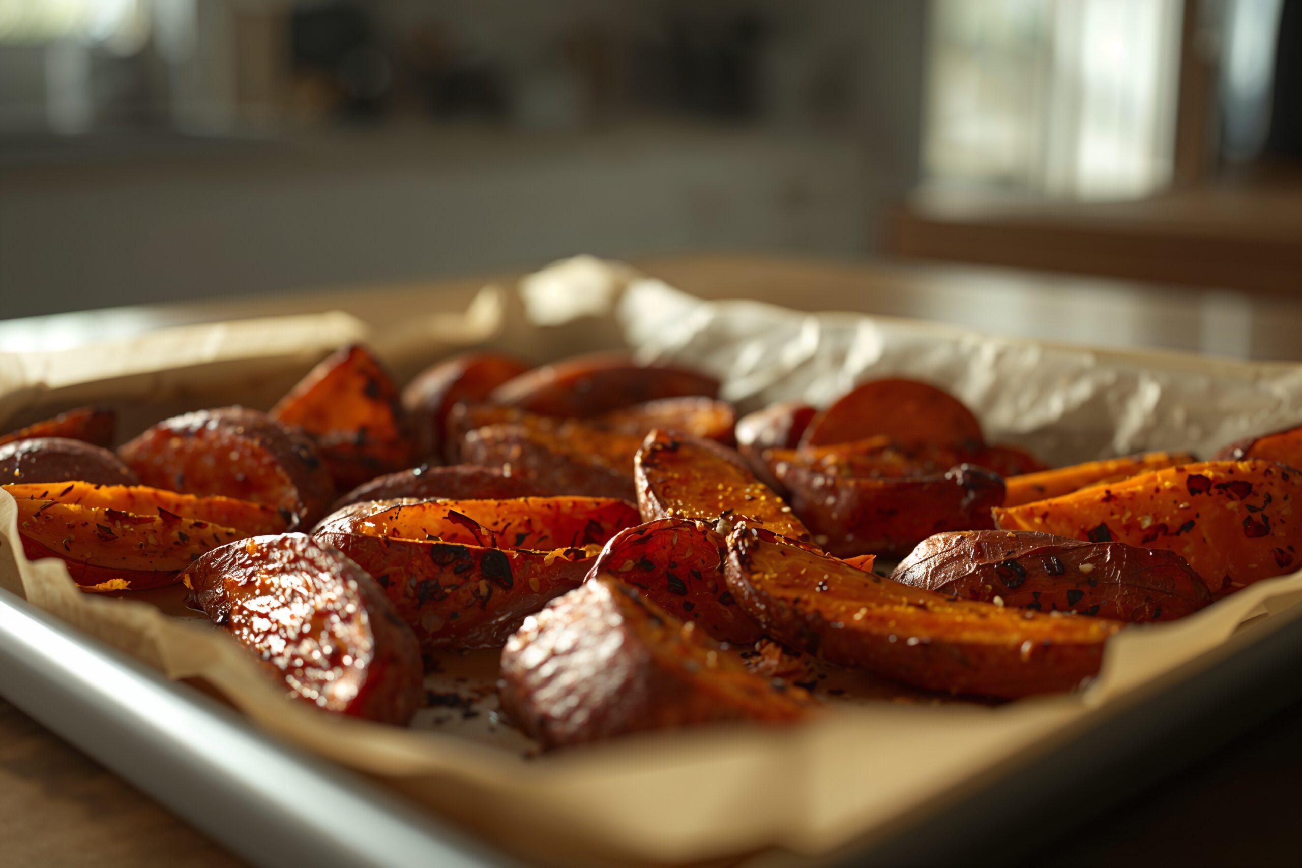 Roasted sweet potatoes on a baking tray