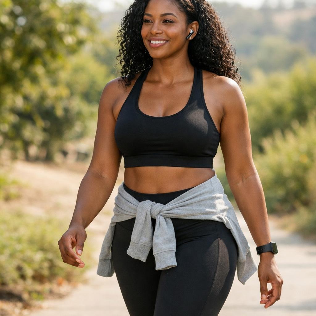 Woman walking outdoors, relaxed and confident