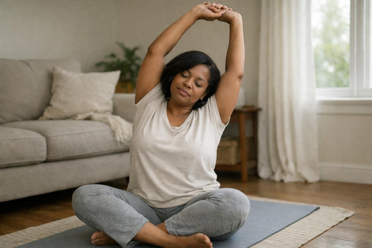 Woman stretching gently at home in a calm living room