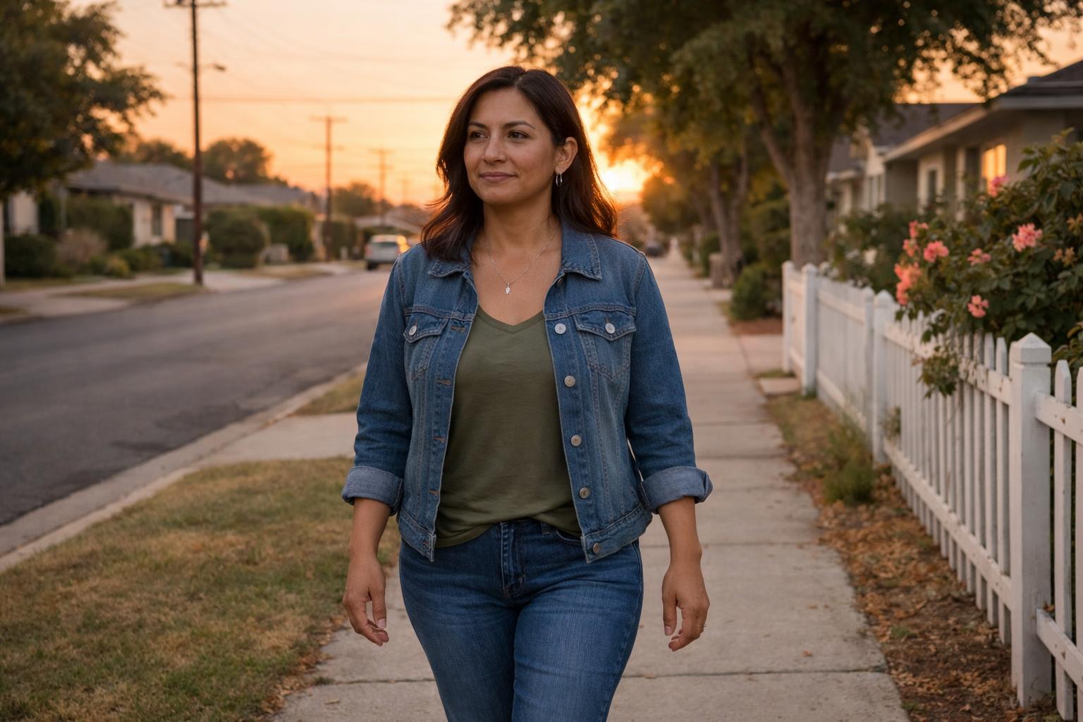 Woman walking outside at sunset for gentle movement