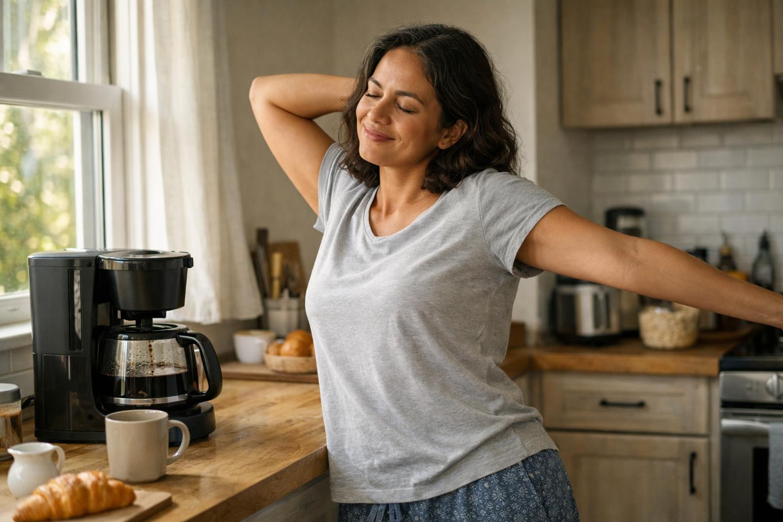 Woman stretching in the kitchen while coffee brews